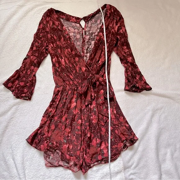 Free People Womens Maroon Berry Combo All The Right Ruffles Short Romper - Picture 11 of 11
